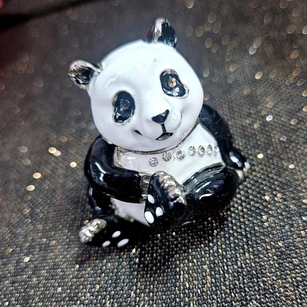 Panda Bear Hinged Trinket Box Enamel Rhinestone‎ Crystal Bejeweled Black White